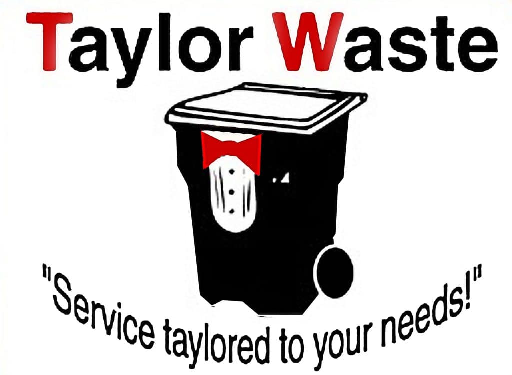 Taylor Waste logo with trash bin and bow tie for recovery services.